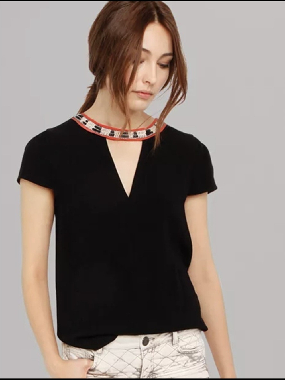 Maje Black Short Sleeve Top with Coral Beaded Neckline